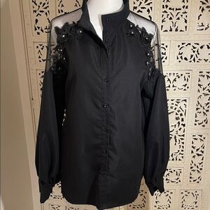 SHEIN Black Button-Down Blouse with Sheer Yoke & Floral Appliqué